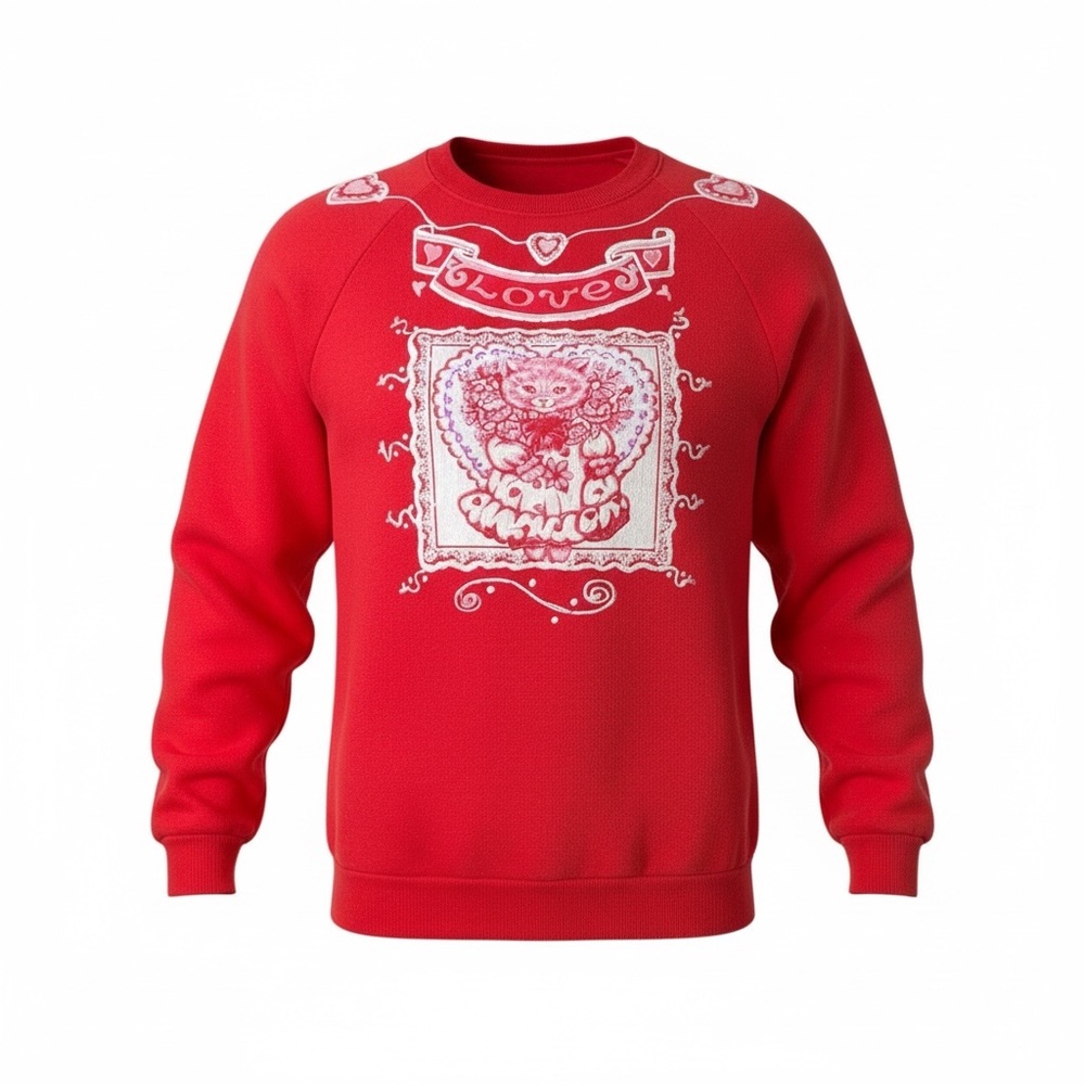 Made to Order Hand Painted Puff Paint Red Graphic Fleece Top Valentines Day Cat